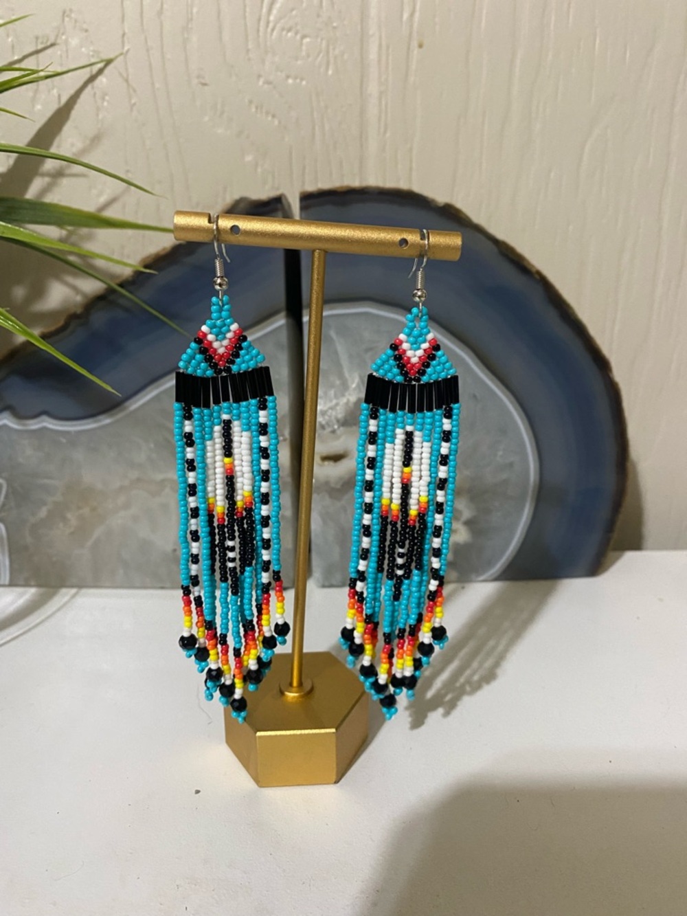 Handmade Turquoise Beaded Fringe Earrings